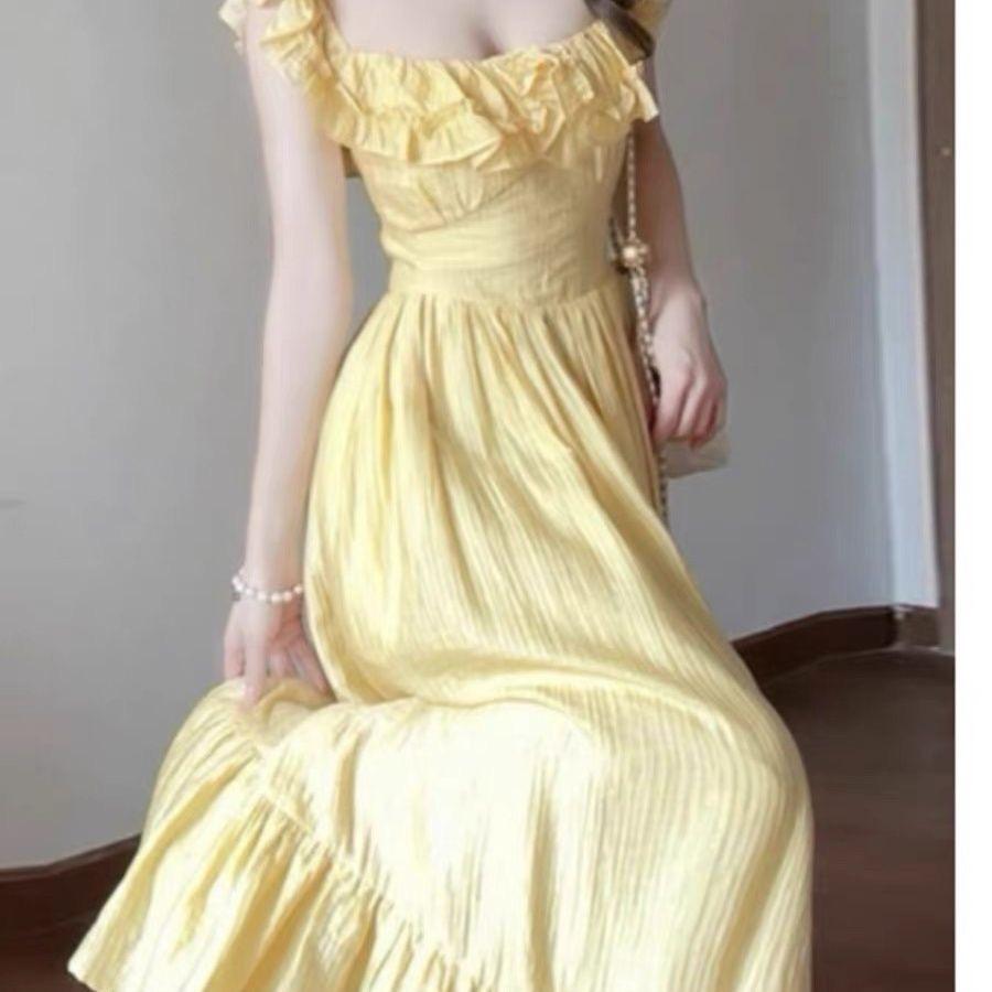 Summer Small Yellow Flower French Square Neck Fungus Edge Waist Skinny Long Skirt Vacation Dating Dress Women