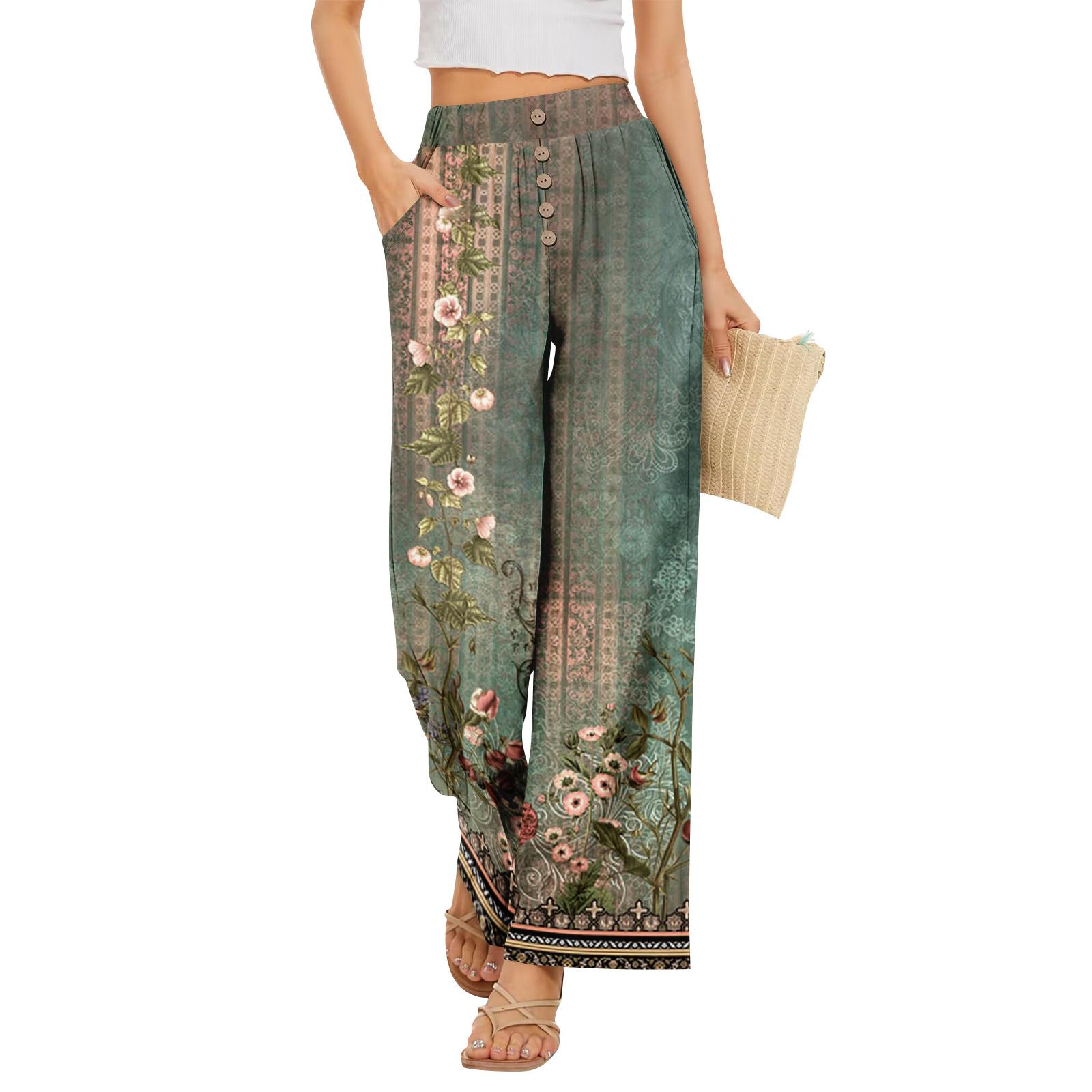 

Women Summer Boho Palazzo Pants High Waist Wide Leg Floral Printing Casual Trousers With Pockets L армия зеленый