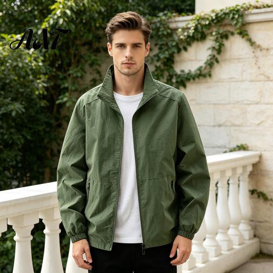 Windproof Athletic Sport Coats Men Windbreaker Jacket, Waterproof Stand Collar Coat, Casual Zip-up Lightweight Transitional Outerwear Jacket