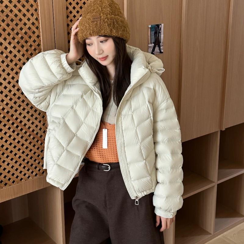 Womens Lightweight Hooded Down Jacket 90% White Duck Short Puffer Coat Korean Style Slim Fit