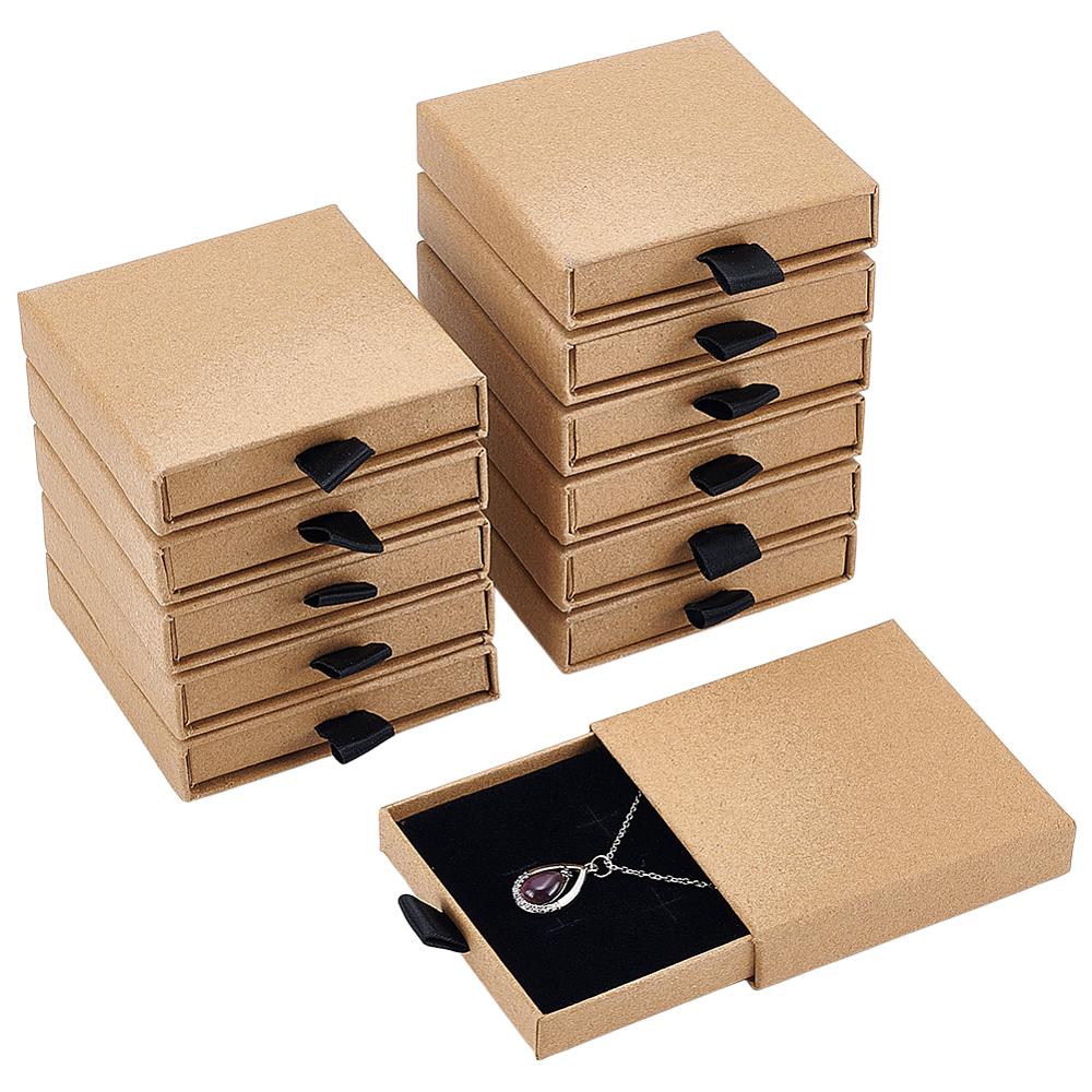 Cardboard Jewelry Set Storage Drawer Boxes, Jewelry Organizer Cases for Bracelets & Necklaces, Square, BurlyWood, 8x8.05x1.85cm