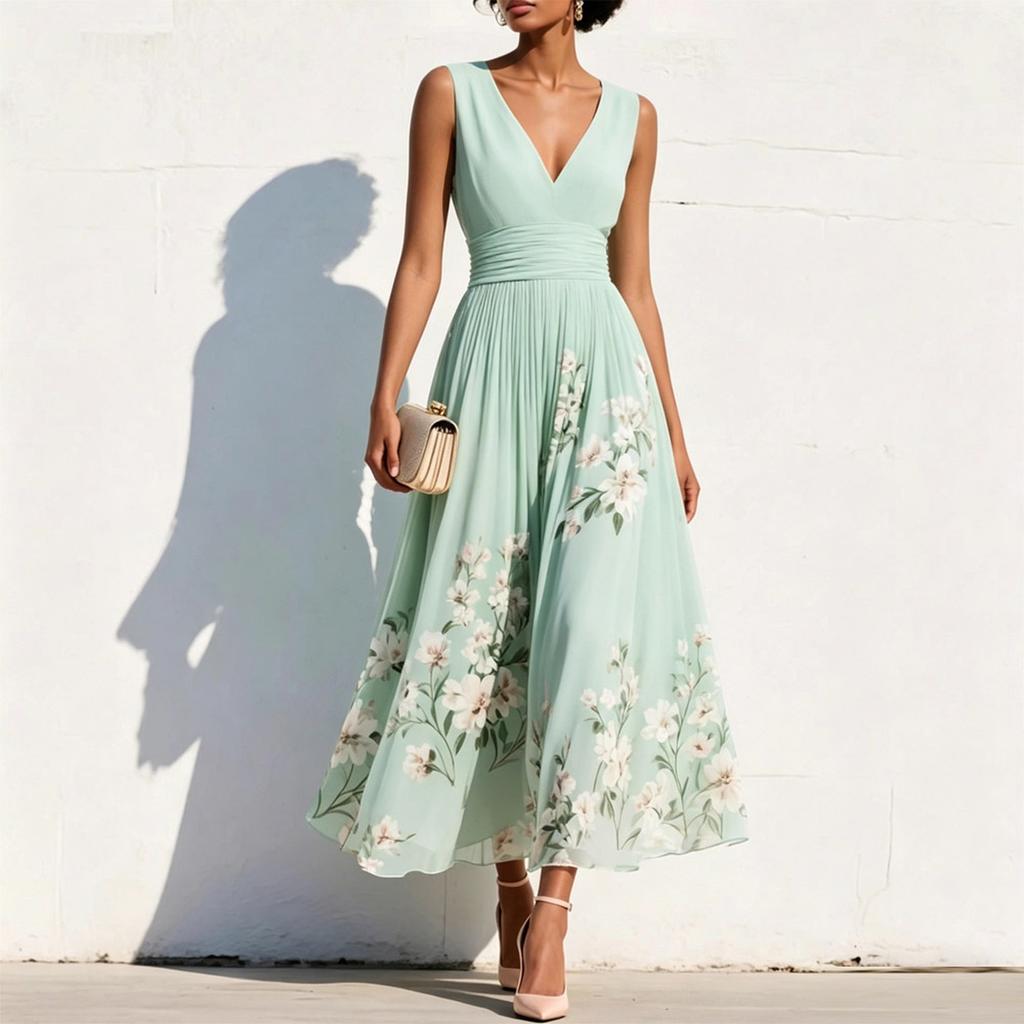 Sleeveless V Neck Pleated Waist Floral Print Long Dress for Women Elegant Maxi Dress with Flowing Skirt Suitable for Various Occasions