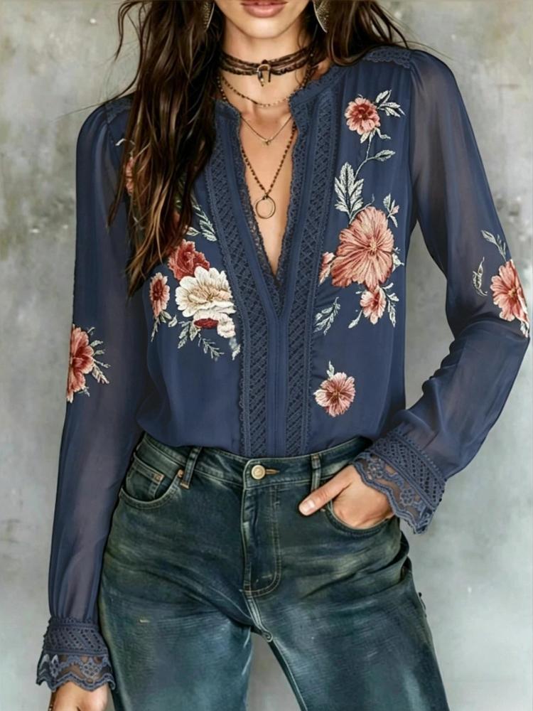 

V Neck Long Sleeve Chiffon Blouse with Lace Trim and Floral Embroidery S тёмно-синий