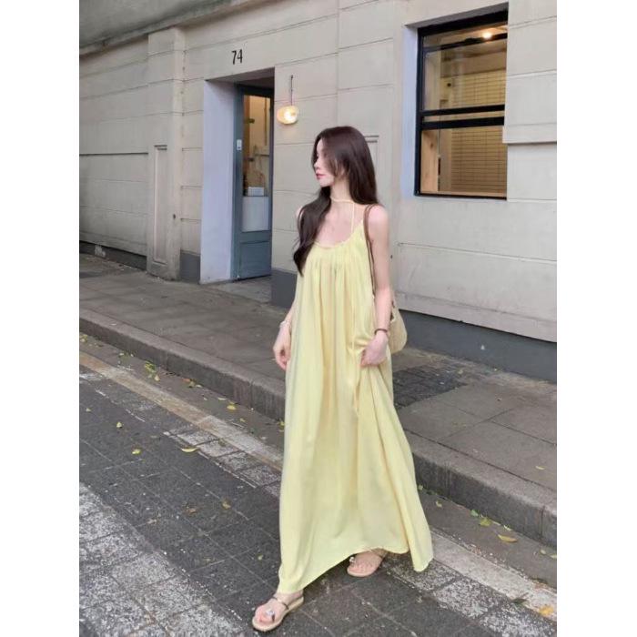 French Seaside Yellow Strappy Women s Long Summer Dress - Casual Beach Fairy Style Extra Large