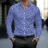 Camisa de Hombre con Cuello Estampado Floral Azul Blanco Diminuto por Todas Partes Manga Larga Botones
