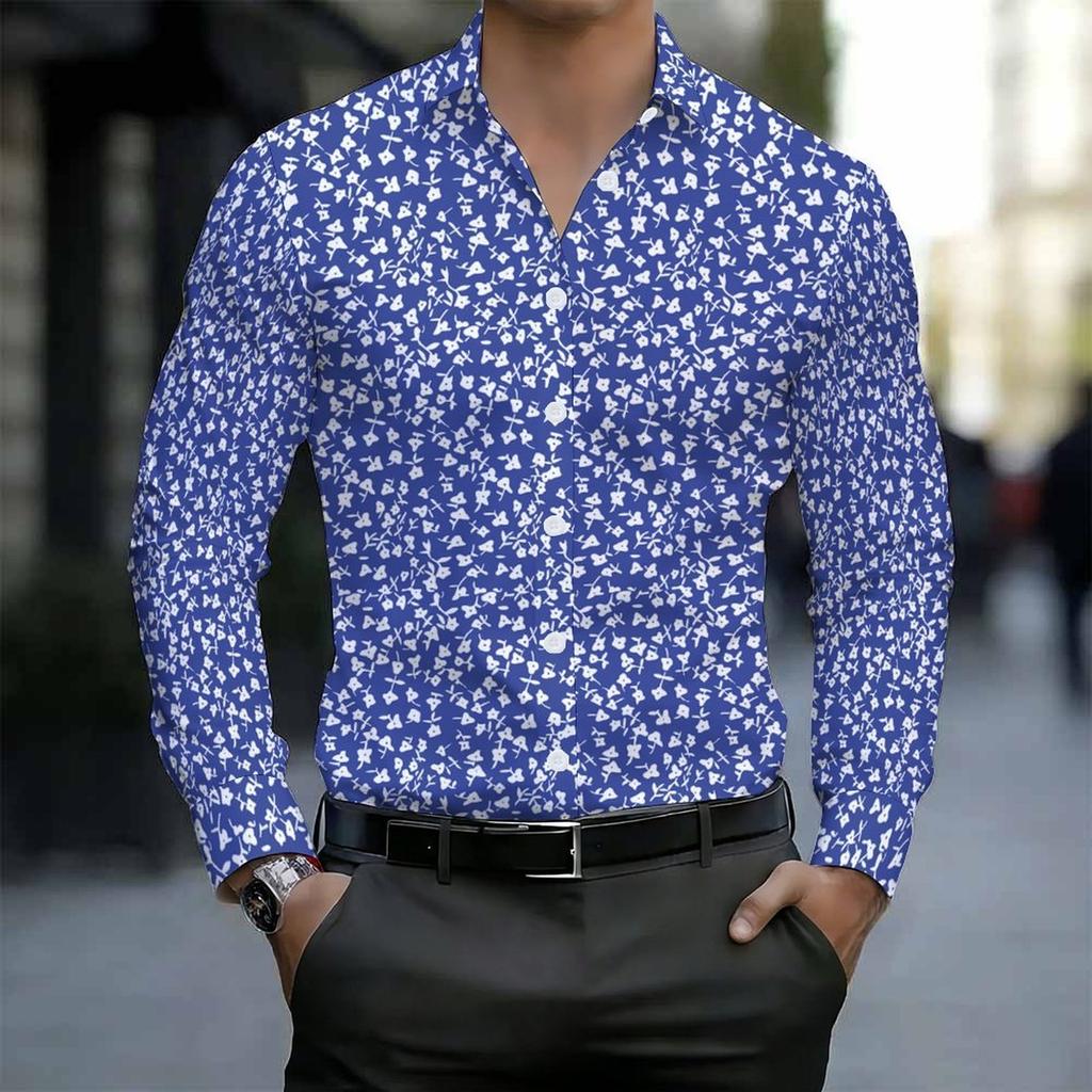 Camisa de Hombre con Cuello Estampado Floral Azul Blanco Diminuto por Todas Partes Manga Larga Botones