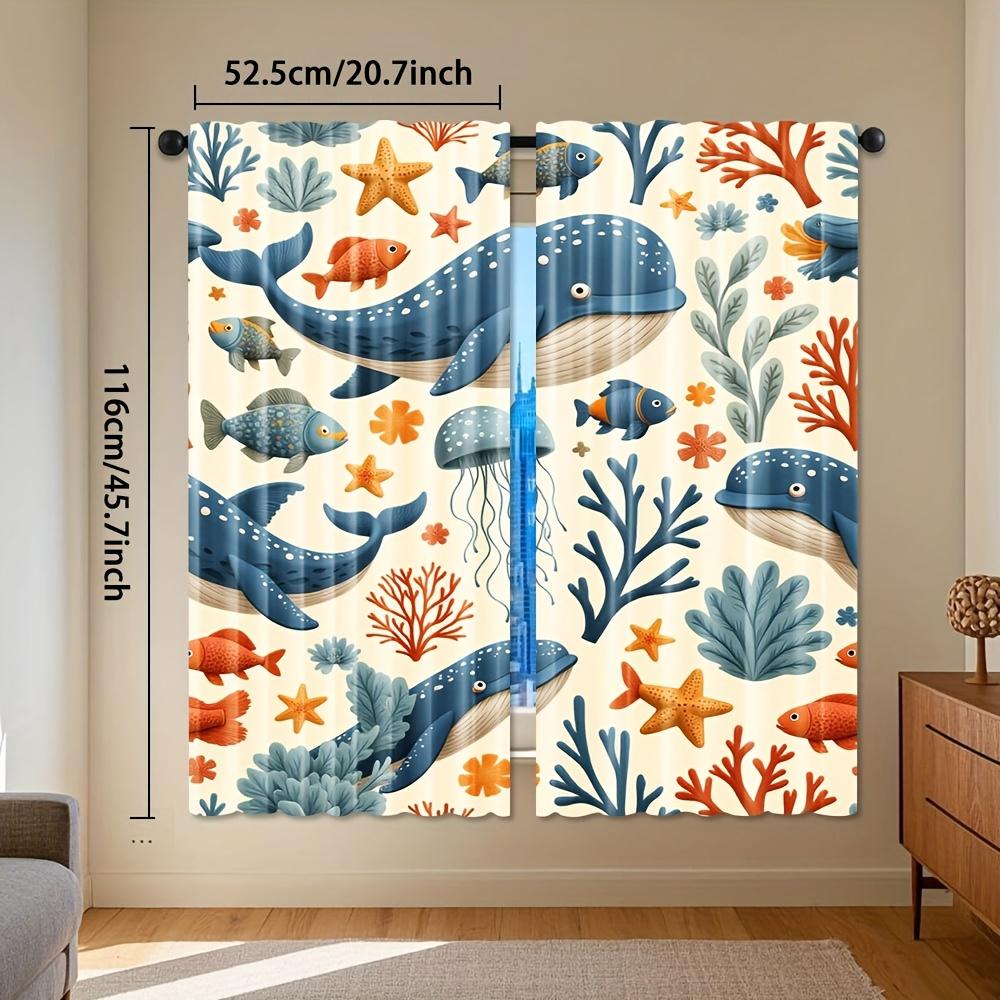 2pcs Colorful Sea Animal Ocean Curtains - Semi-Sheer, Whimsical Whale, Fish & Coral Design, Rod Pocket for Bedroom, Living Room,