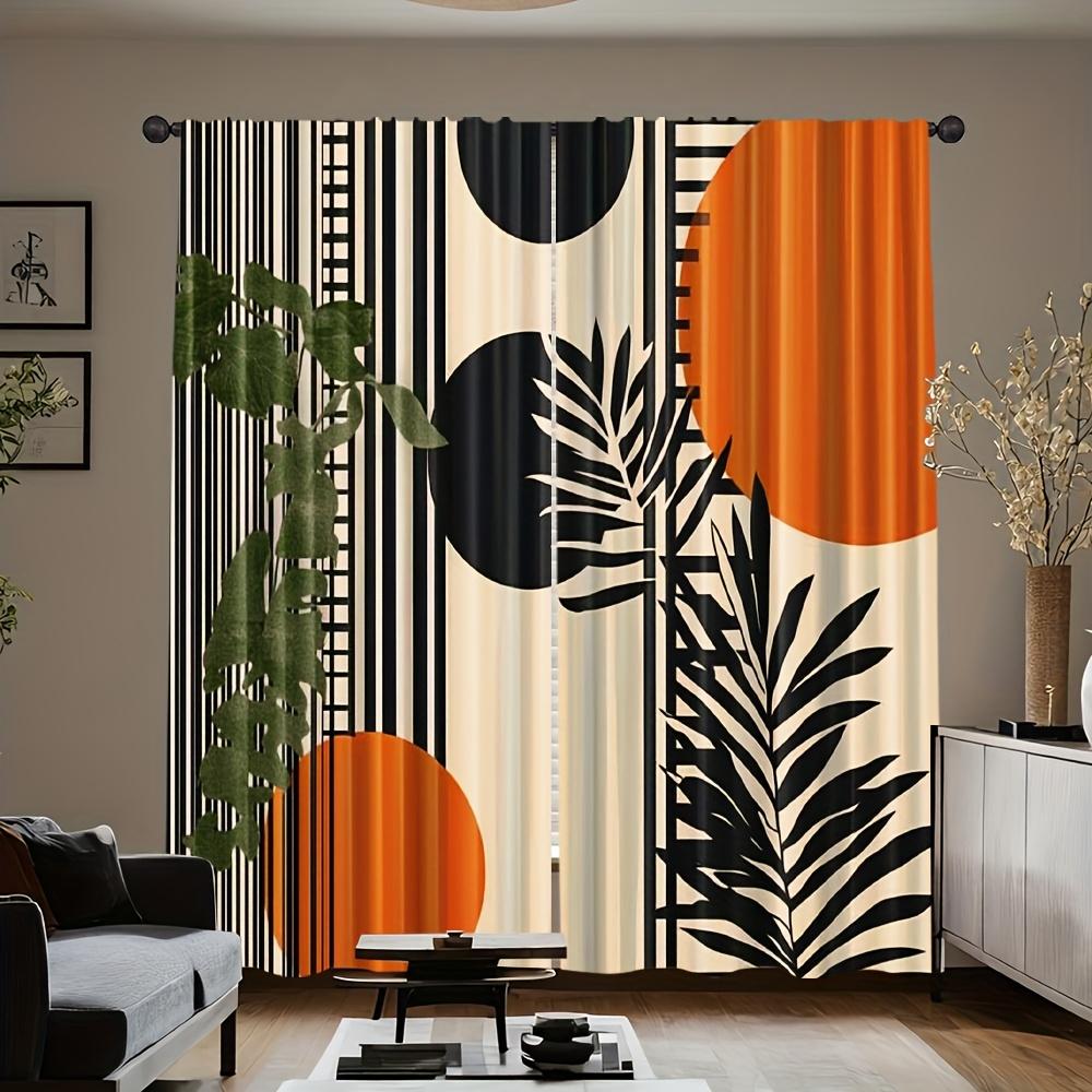 Abstract Geometric Curta 2pcs – Black, Orange & Cream with Palm Leaves, Modern Art Design for Living Room and Study Decor