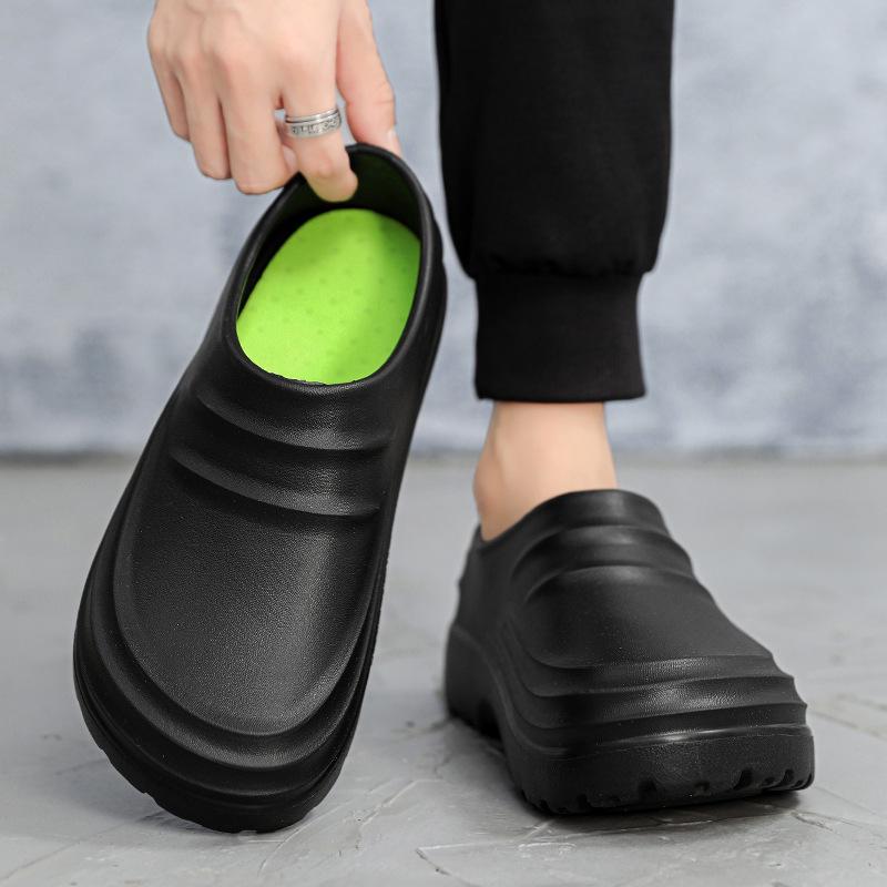 Men's Waterproof Non-Slip Black Leather Chef Shoes - Oil-Proof, Wear-Resistant, Soft Sole Slip-On for Kitchen Work