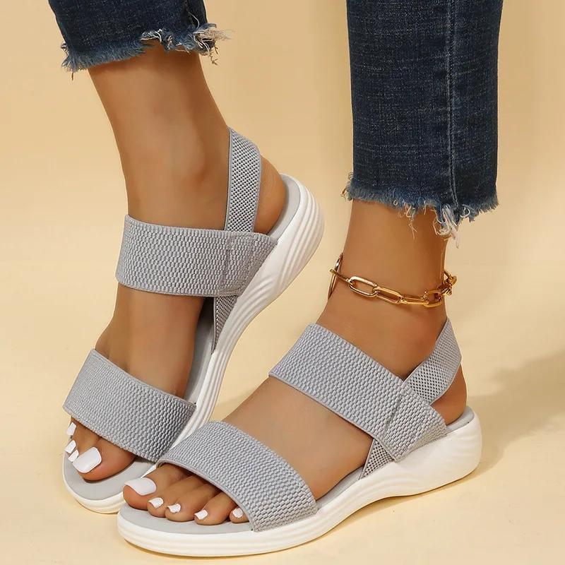 Fashionable Elastic Fabric Sandals 2024 Summer Women's Casual Fish Mouth Sports Shoes Large Flat Bottomed Breathable Sandals