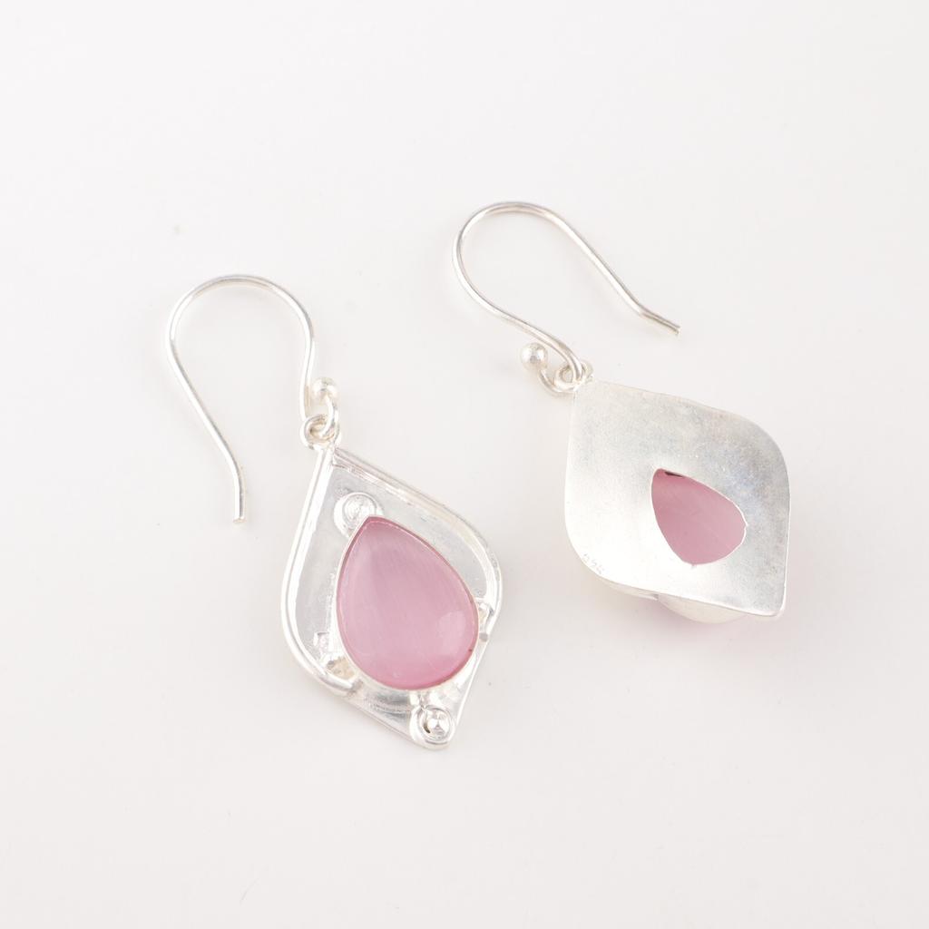 Pierre gemme œil de chat rose Bijoux en argent 925 poinçonné Boucles d'oreilles à crochet faites à la main 1,90" EE-35-44