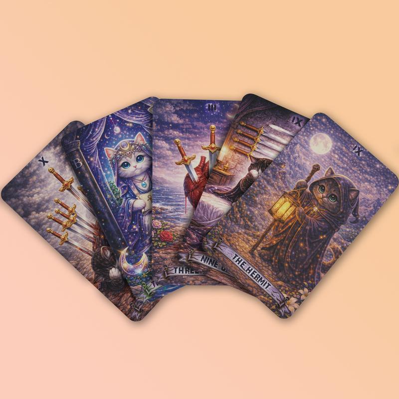 78 Rider-Waite Style Tarot Cards, Featuring Magical Cat Illustrations, Designed for Intuitive Reading and Perfect for Beginners.