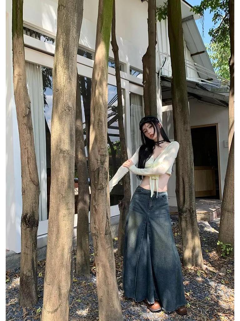 Women's High-Waist Summer 2024 Retro Washed Denim A-Line Skirt