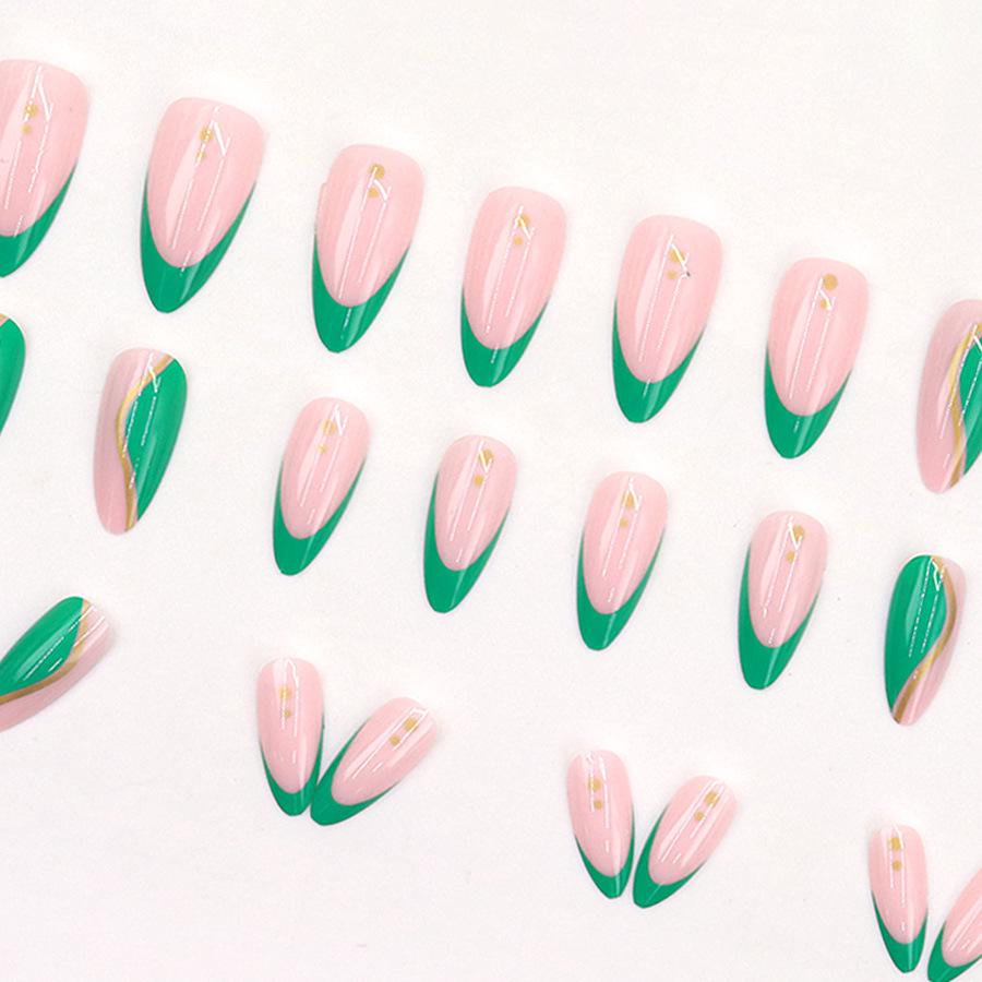 Gold Foil Line Green Wave Nail Art Tips