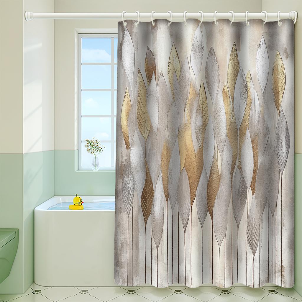 1pc Brown Golden Leaf Shower Curtain - 72x72", Elegant Design with Metallic Accents, Forest Theme, Includes Hooks