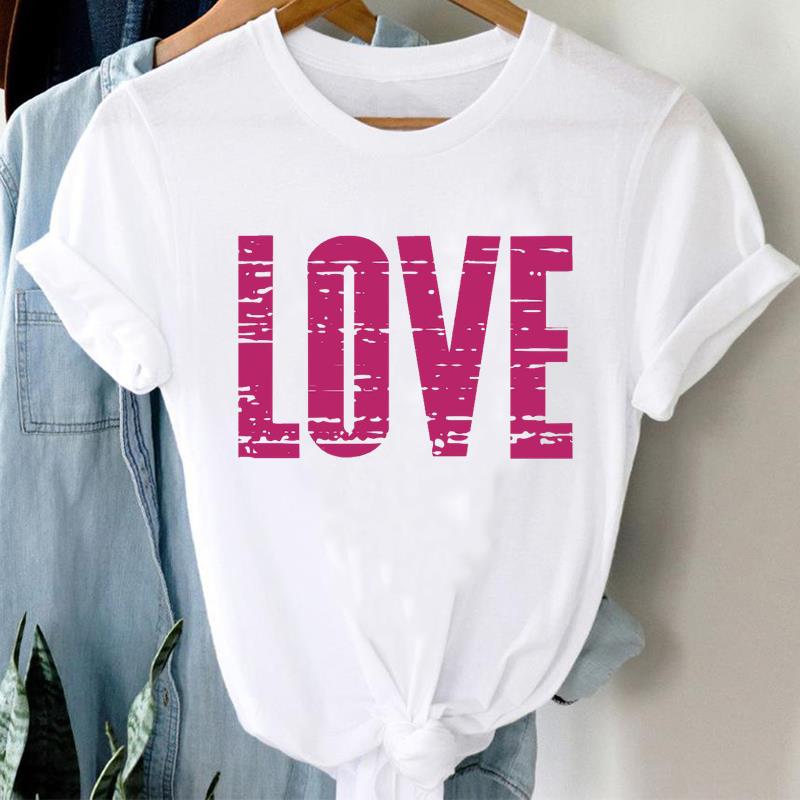 (European Size)  90s Print Women Love Trend Style Cute Lady Short Sleeve Tee Top Clothing Casual Fashion Tshirt Female Graphic T-shirt