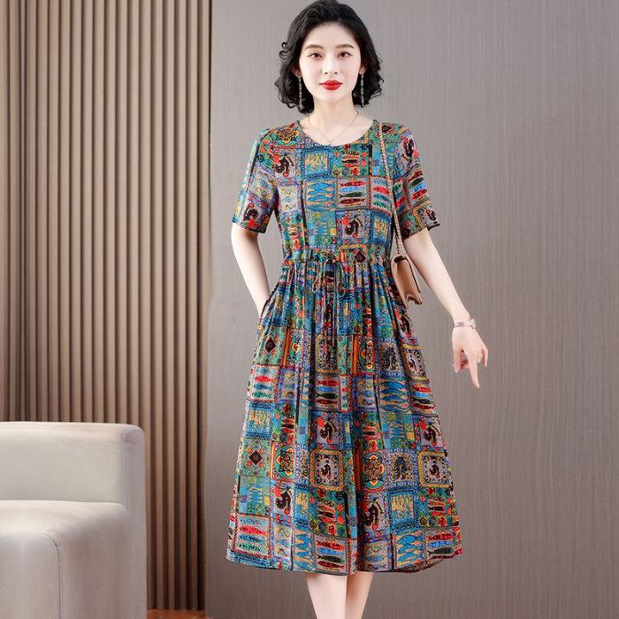 Mid-Length Floral Print Short-Sleeve Dress with Drawstring and Pockets for Mature Women