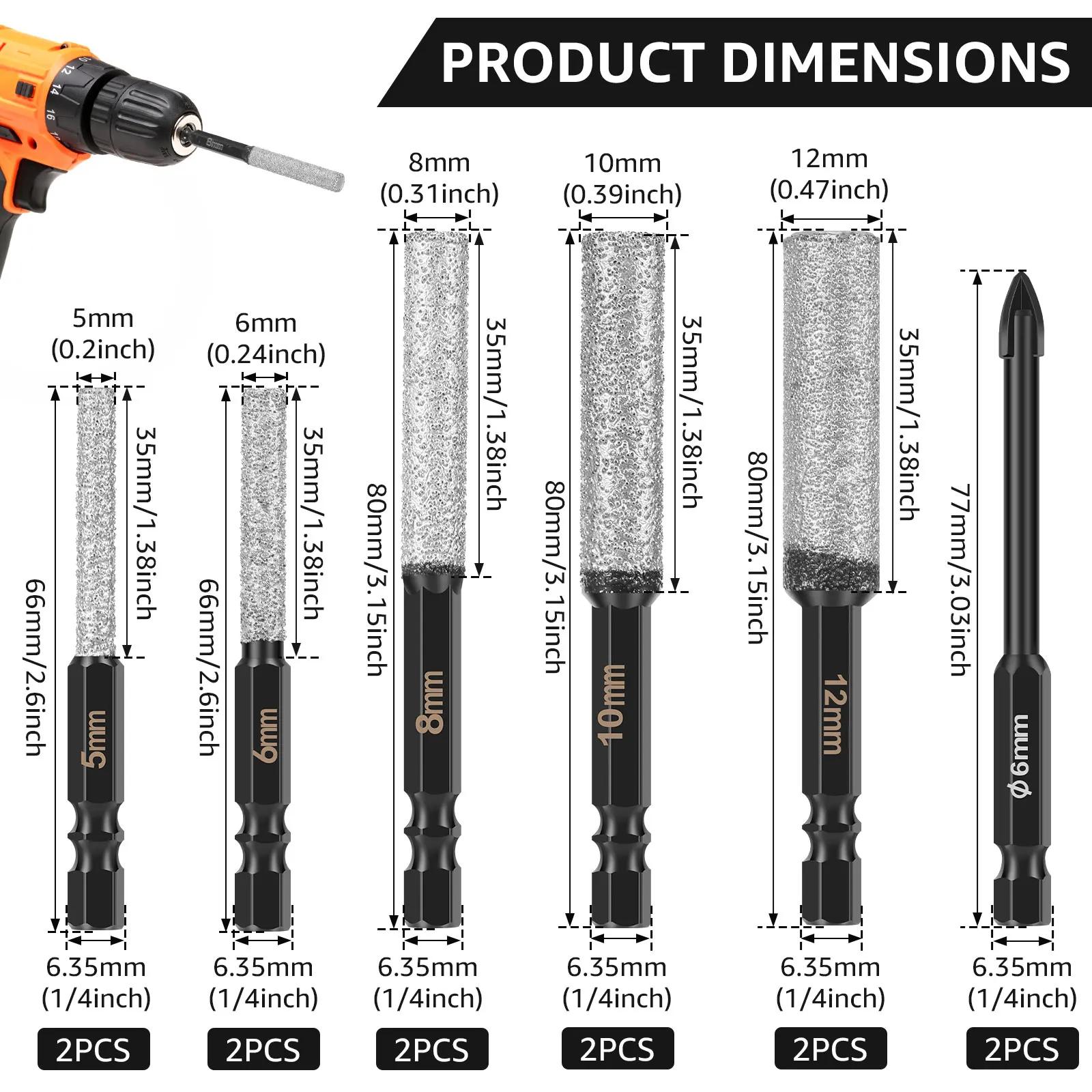 

12Pcs 5-12mm Dry Diamond Drill Bits Set Vacuum Brazed Core Drill Bit Kit Quick Change Hex Shank for Porcelain Granite Marble Hexagonal