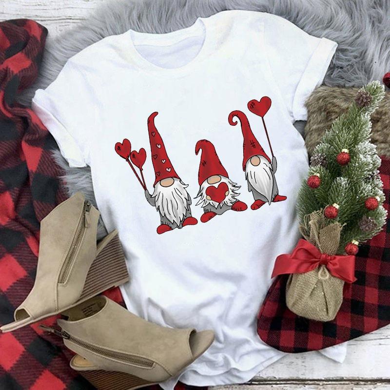 Santa Claus Christmas New Year holiday pattern T-shirt top women's fashion clothing women's short sleeved T-shirt