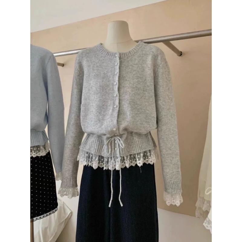 Korean Fashion Crew Neck Sweet Lace Waist Tuck-up Sweater Spring Autumn Knitted Cardigan Loose Slim Fit Top Elegant Casual Jackets Lace-up Clothing