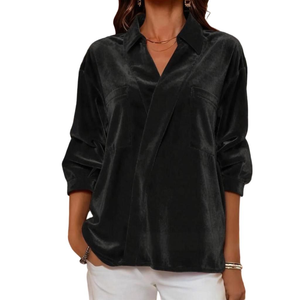 Women's Fashionable Casual Color Versatile Velvet Collared Shirt Long Sleeve