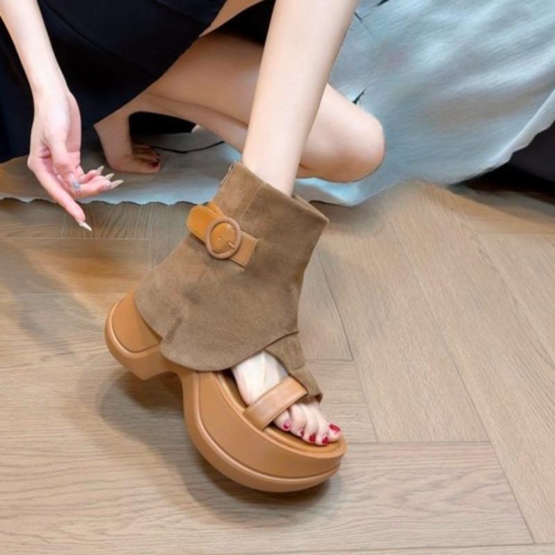 Fashion Summer High Heel Anti-slip Cooling Boots Women's New All-match Round Toe Small Platform Thick Tube Roman Sandals