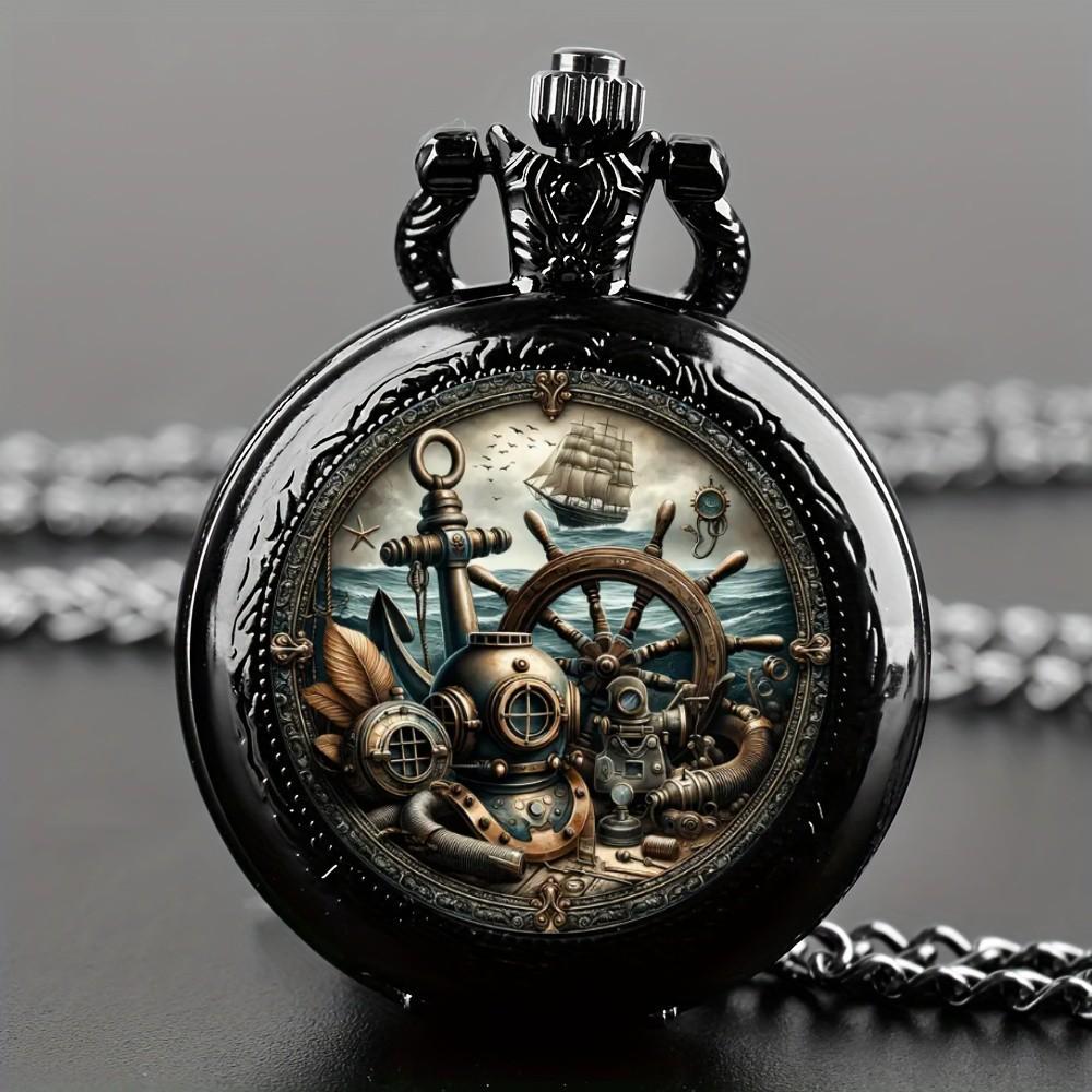 Vintage Unique Nautical Sailboat Anchor Design Quartz Pocket Watch , With Chain Necklace Pendant,Great  Gift for Kids Male Men