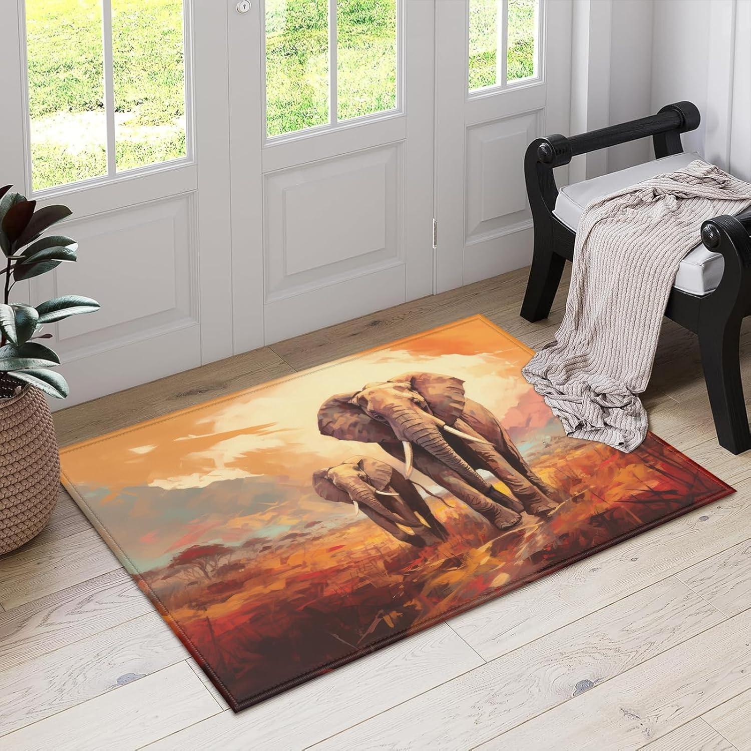 

African Savanna Elephant Door Mat Wildlife Scene Home Decor Carpet Oil Painting Art Non-Slip Entrance Rug for Doorway Hallway 30x50cm