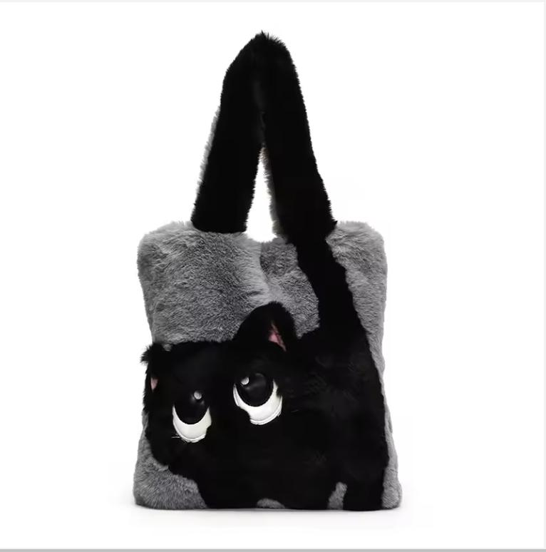 Creative Cartoon Cat Women's Plush Bag Large Capacity Embroidery Tote Bag Simple Fashion Soft Shoulder Bag for Autumn Winter