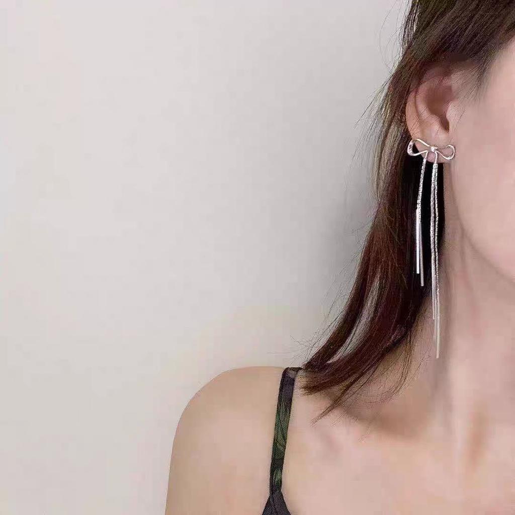 Bow temperament long fringed earrings women's autumn new trendy no ear piercings earrings