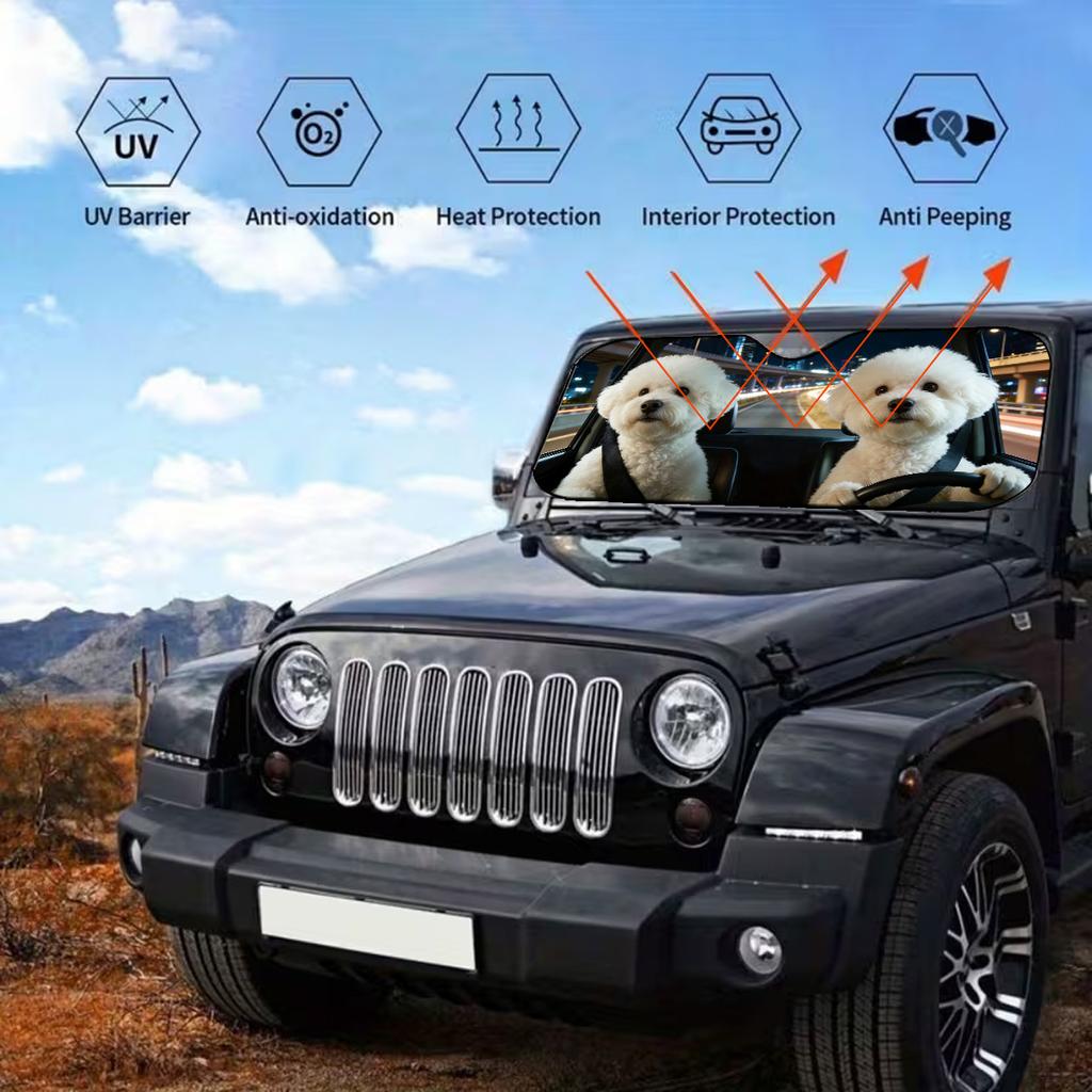 1Pcs Bichon Frise Pattern Windshield Sunshade UV Rays Heat Blocker Keeps Vehicle Cool Unique Design Fit Sedans SUVs Trucks RVs