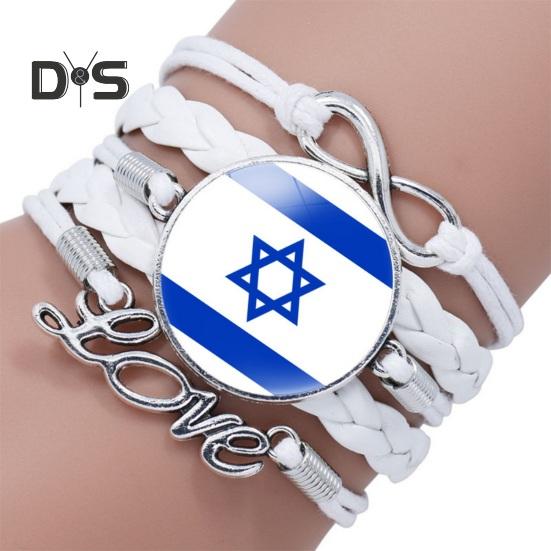 Round Israel Flag Decor Bracelet Multi Layer Adjustable Handmade Bracelet Metal Letter Decor Faux Leather Wristband Jewelry Gift