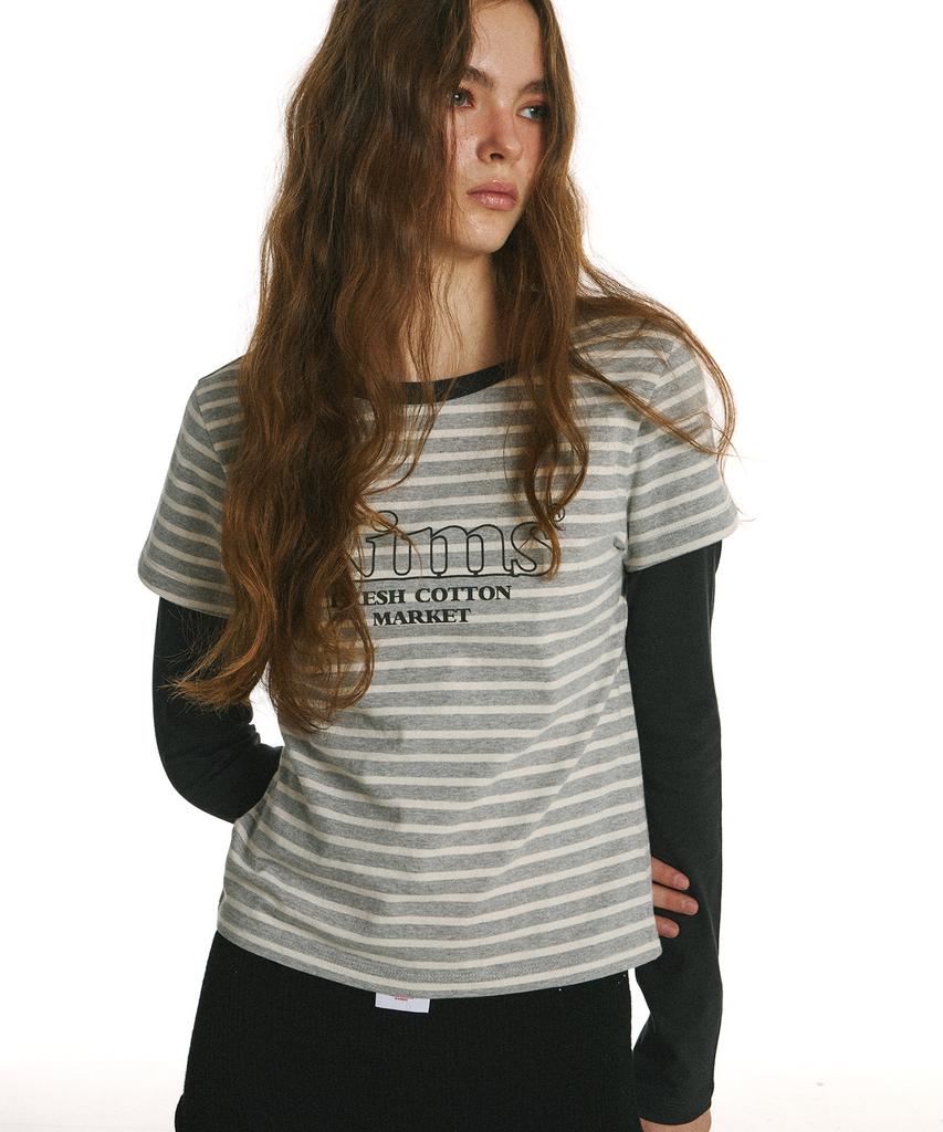 Kimseupeulesikoteunmakes 34 Body Stripe Layered Long Sleeve T-Shirt Gray