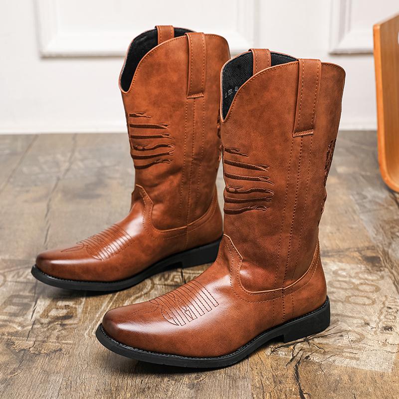 Men High Top Boots Pu Embroidered Low Heel Fashionable Western Men Cowboy Boots