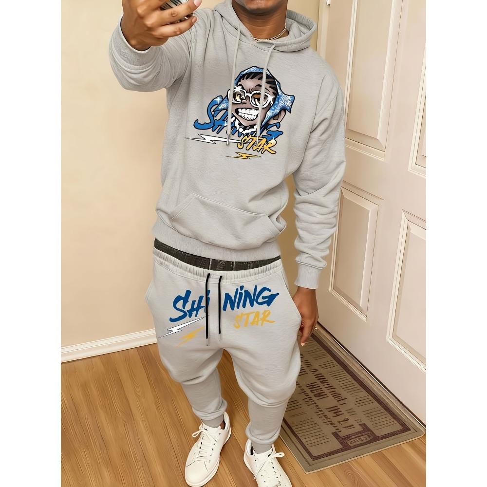 Classic Men's Casual Suit, Printed Drawstring Hoodie with Pockets and Drawstring Running Pants, a Must Have for Fashionable Men