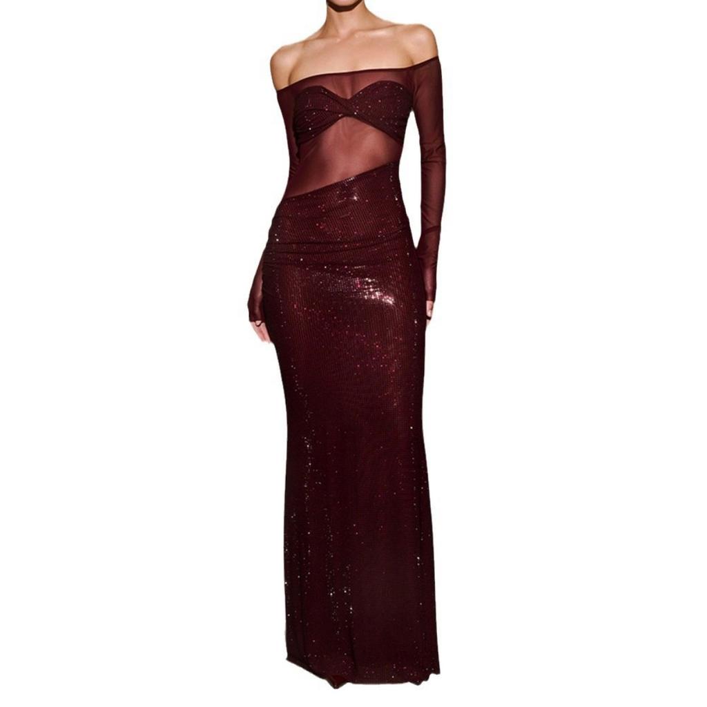 Women's Sexy Sheer One Shoulder Bodycon Long Evening Gown Dress for Party Dinner European American Style