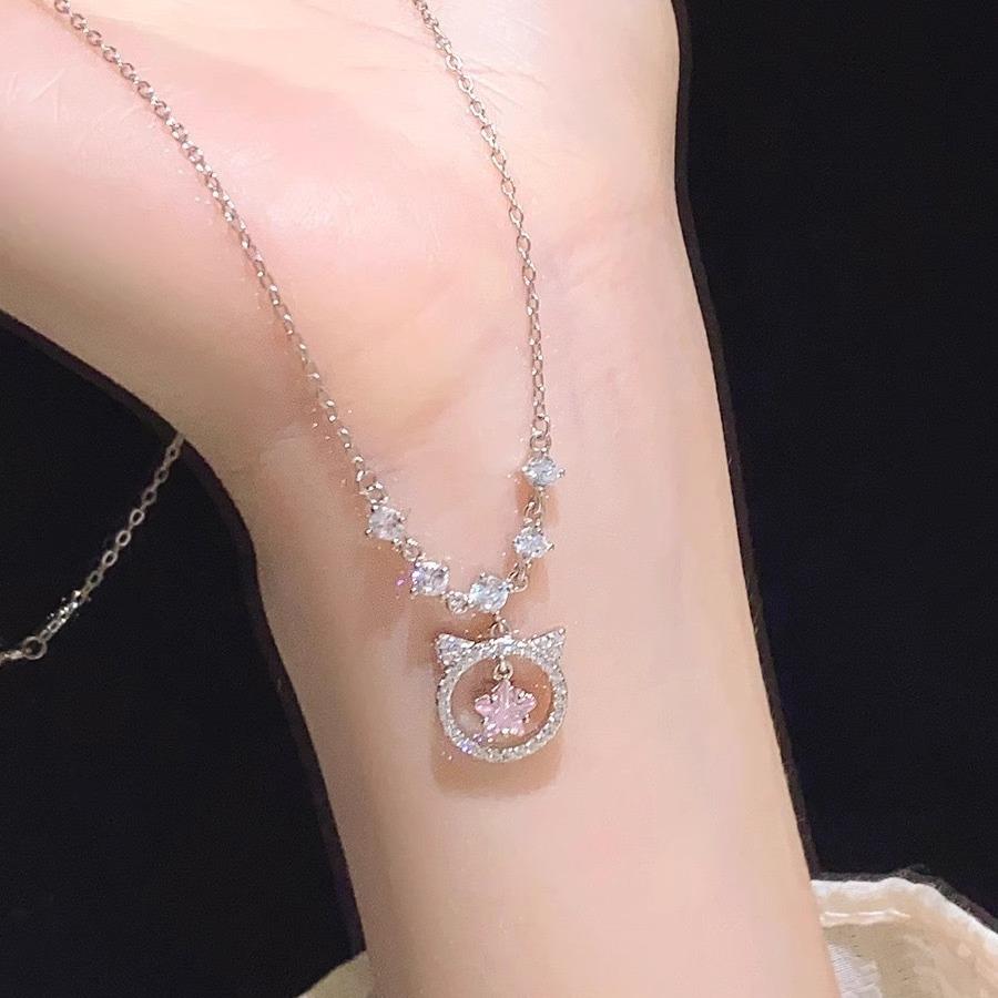 Pink Diamond Cat Necklace for Women Light Luxury Niche Exquisite Simple Versatile Clavicle Chain High-end New Style