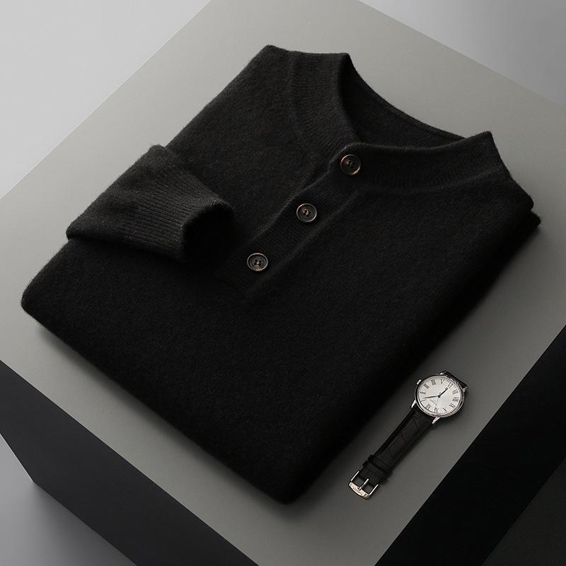 

Men s Pure Wool Buttoned Knit Sweater, Half-High Collar, Thick, Loose, Business Casual, Autumn & Winter. XXL чорний