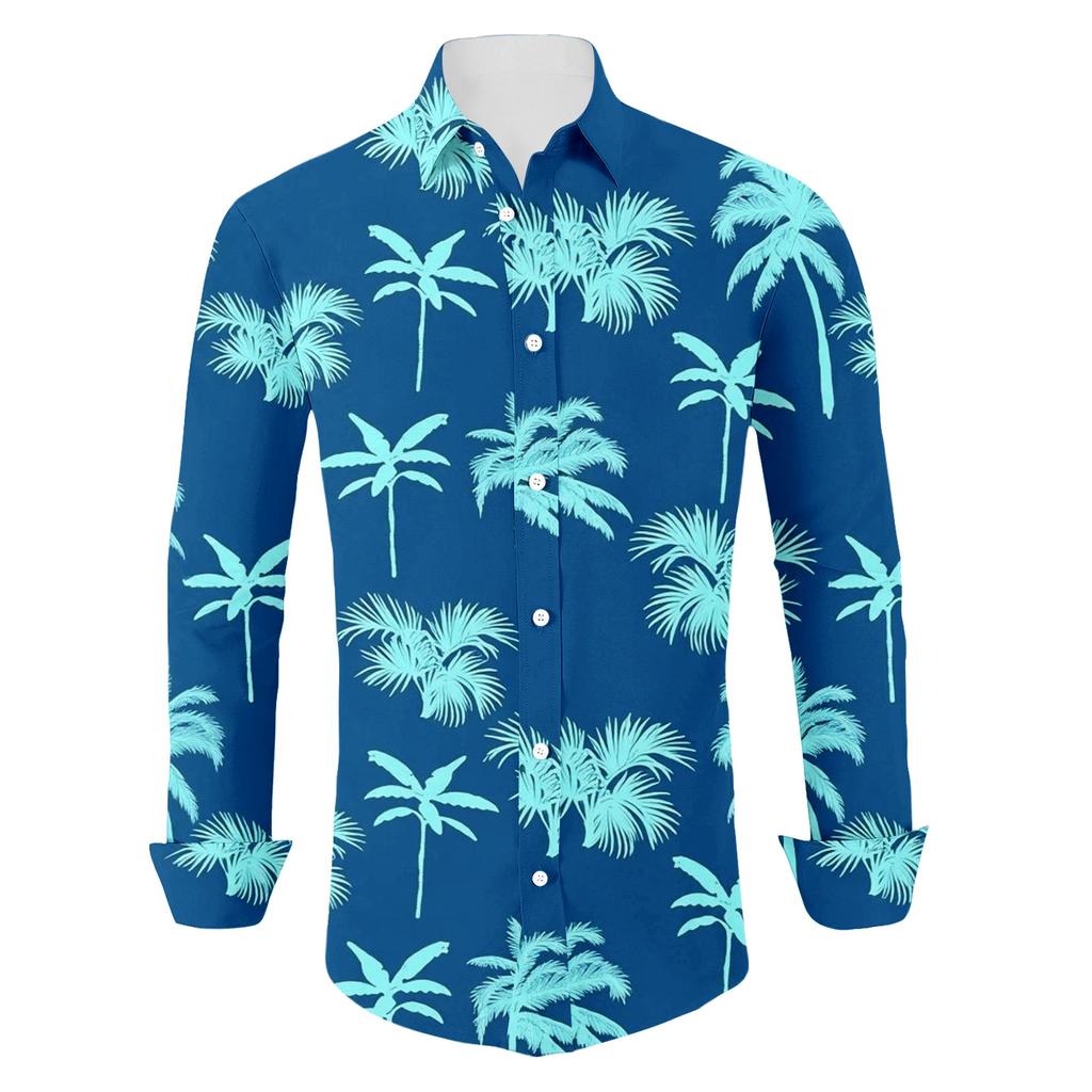 Men's Loose Fit Long Sleeve Beach Shirt Button Down Casual Lightweight Breathable Fabric Tropical Print Shirt for Summer Vacation