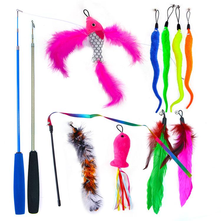 Funny Cat Toy Set Interactive Cat Teasing Stick Feather Replacement Head Adjustable Three Section Fishing Rod Pet Supplies