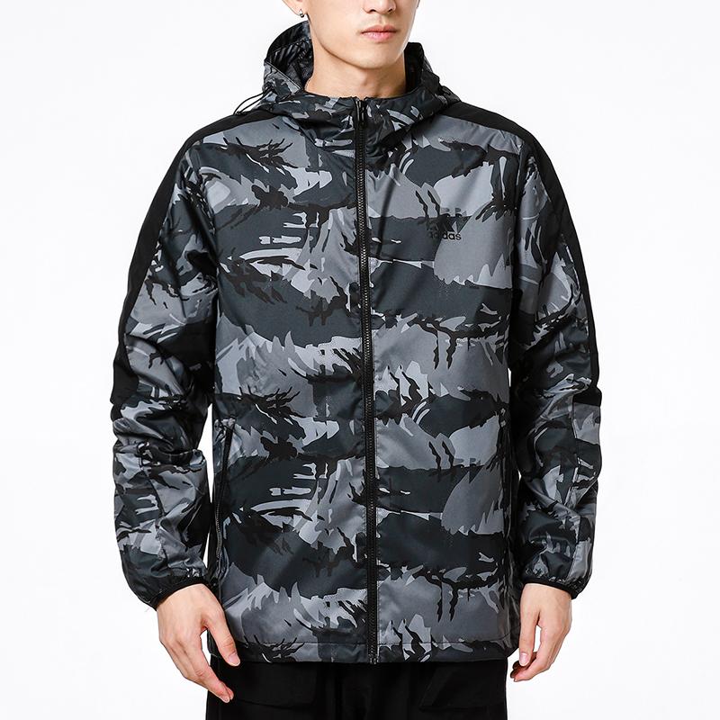 Adidas Camouflage Sports Hooded Casual Running Jacket Men Outerwear Black H40232