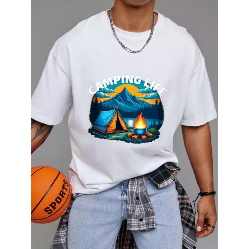 Camping Life T-Shirt White Mountain Tent Campfire Scene Outdoor Adventure Design for Nature Lovers Hiking and Camping Activities