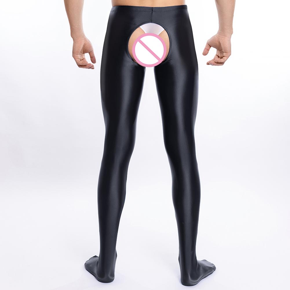 Mens Crotchless Pantyhose Leggings Stockings Oil Shiny Glossy Bodysuit Nightwear Club Transparent Elastic Bottom Pants Bodyhose