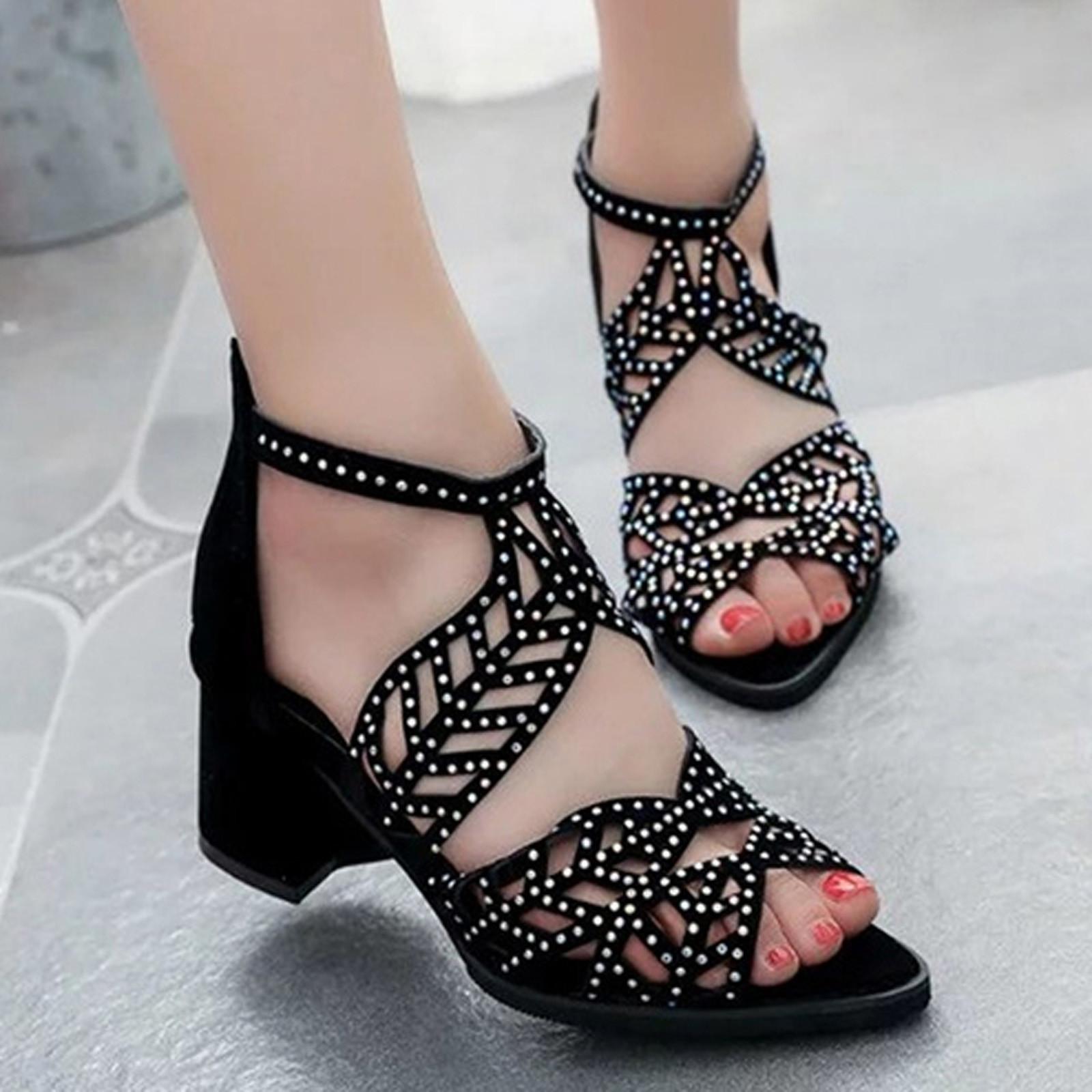 

Модные женские сандалии с полыми стразами и открытым носком, грубые туфли на высоком каблуке 41 чёрный