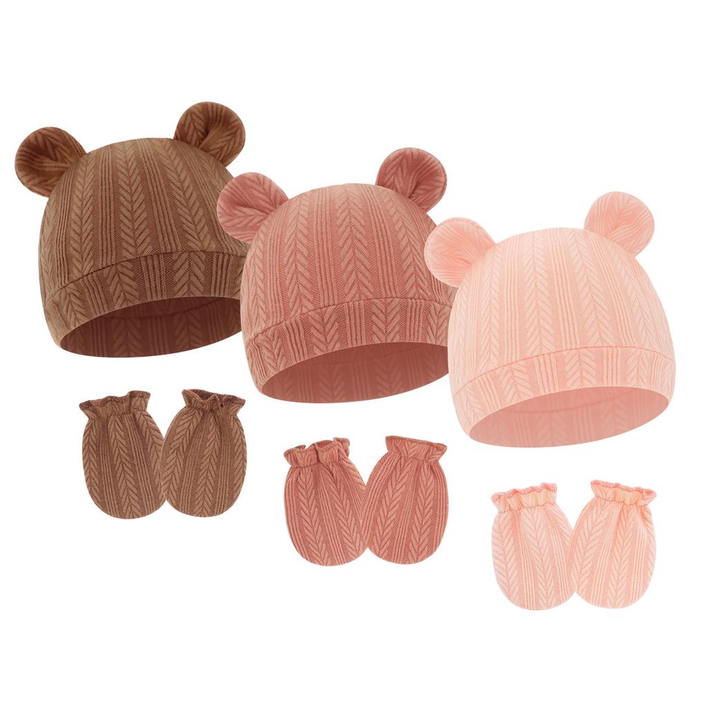 Baby Boy Girl Gloves Hat Knitted Soft No Scratch Mittens Breathable Cotton Blend Bear Ear Cap Gloves for Infant