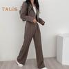 2 Teile/satz Frauen Mantel Hosen Set Revers Einreihige Strickjacke Langarm Jacke Breites Bein Hohe Taille Gerade Hose Dame Formale Pendler Outfit
