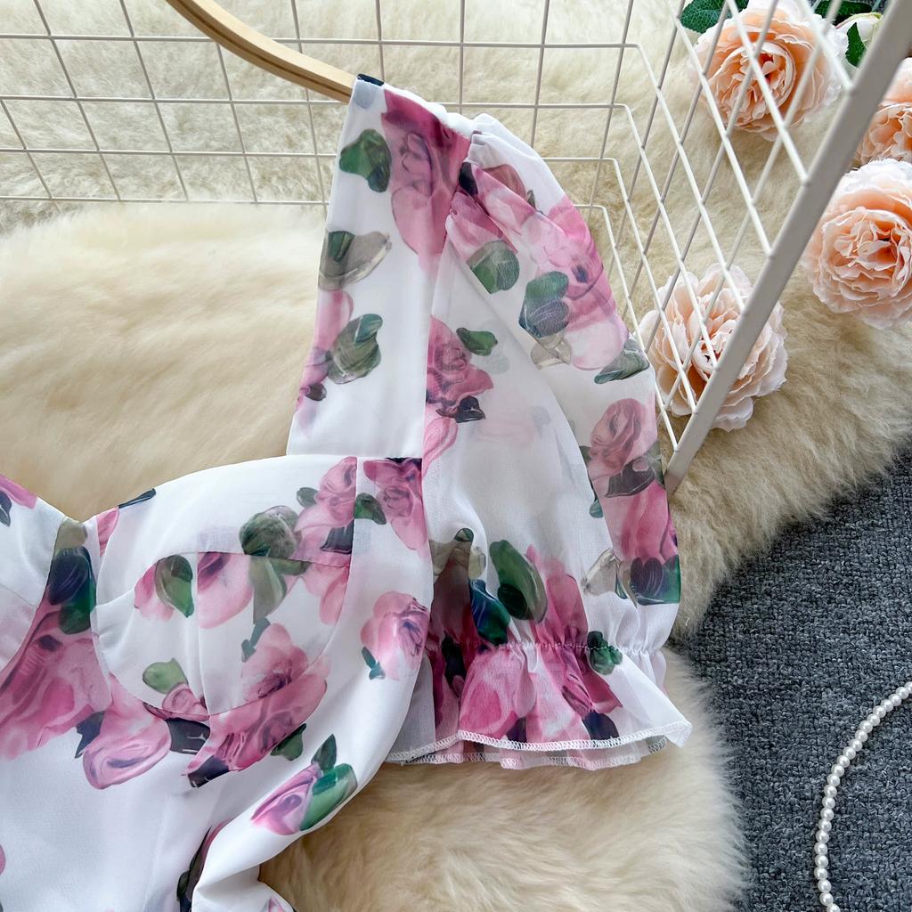 Beach Vacation Floral Print Dress Women Backless Lace Up Cross Ruched Fashion Party Long Dress Fashion Short Sexy Slim Clothes