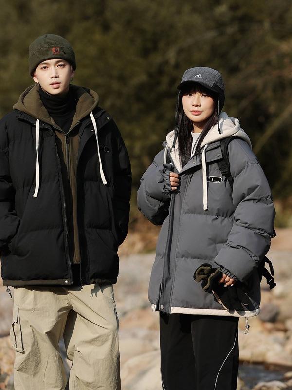 Unisex Autumn Winter Casual Hooded Cotton Jacket: Thickened, Warm, Loose-Fit for Couples.