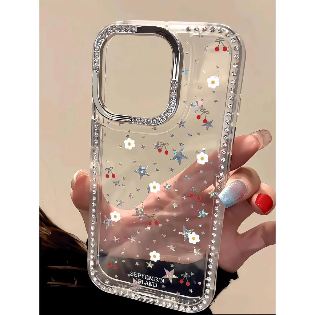 White Flower Cherry Applicable to IPhone Apple 17 Mobile Phone Case 15/16Pro Flash Diamond Star 13 Premium 14 Women 12
