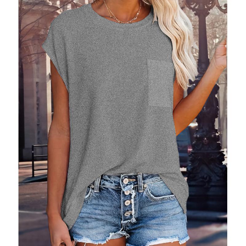 2026 Summer New Women's Solid Color Round Neck Pocket T-Shirt, Loose Casual Side Slit Short Sleeve
